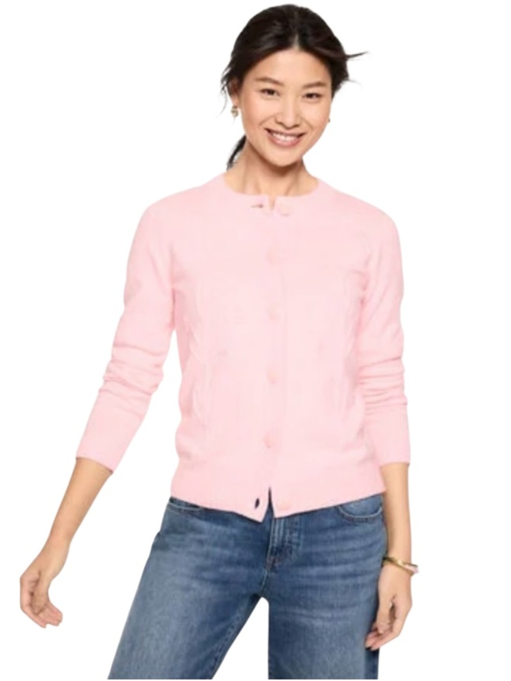 Talbots Light Pink Button-Front Crewneck Cardigan